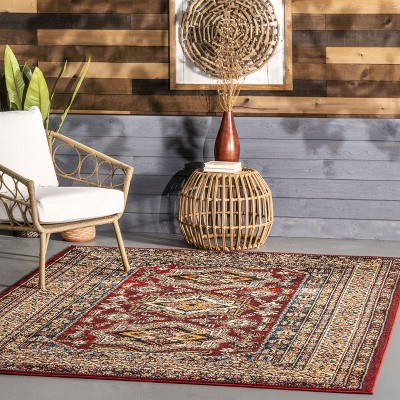Medieval Red and Ivory Synthetic Square Area Rug, 6'