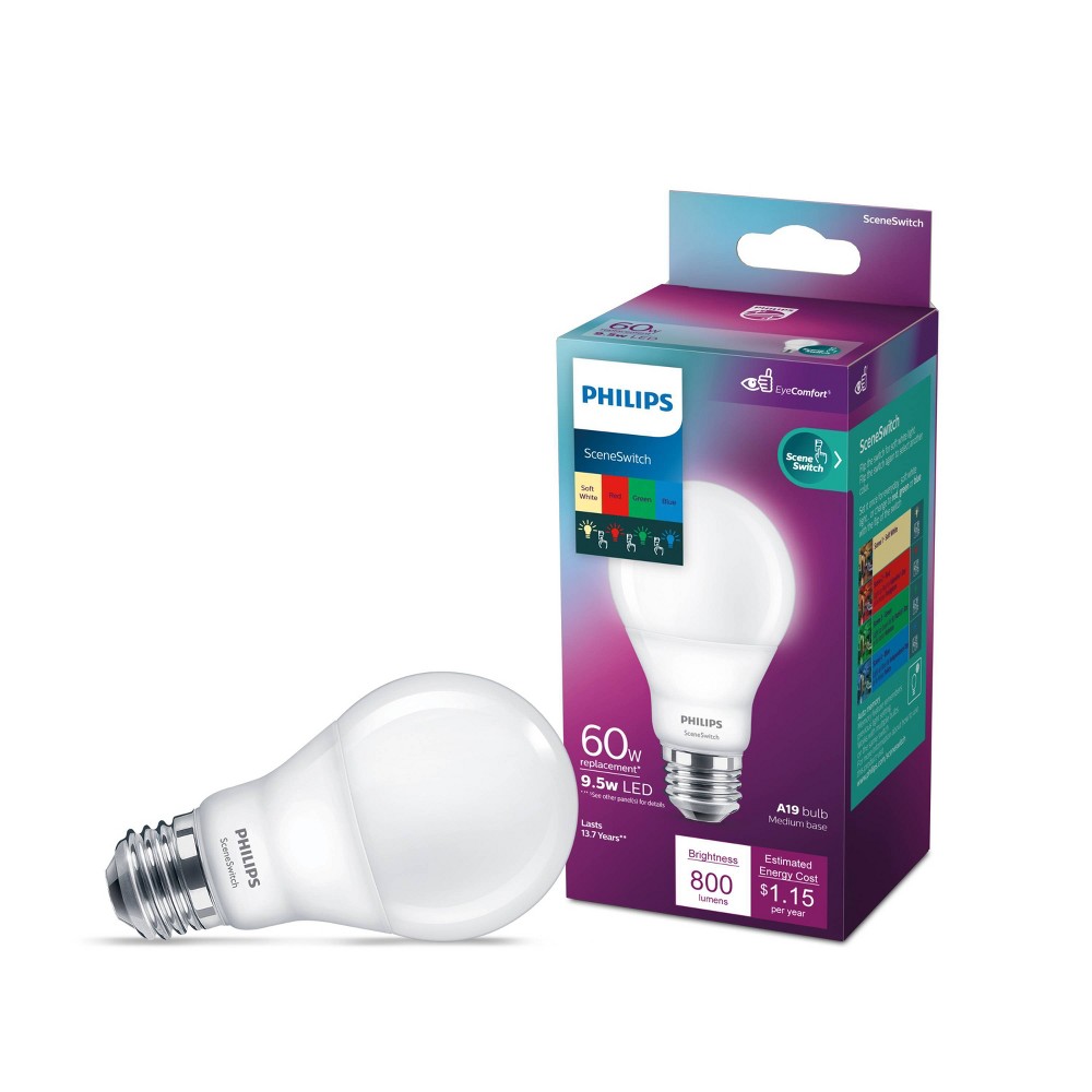 Photos - Light Bulb Philips LED RGBW Scene Switch 60W A19 1P: Multicolored, 800 Lumens, E26 Base, 2700K, Suitable for Damp & Enclosed Fixtures 