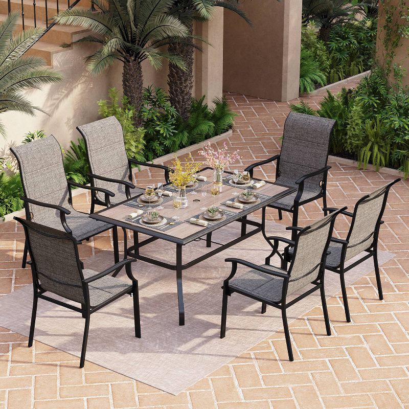 7pc Patio Dining Set with Faux Wood/Steel Table with Umbrella Hole &#38; Sling Arm Chairs - Captiva Designs, 1 of 19