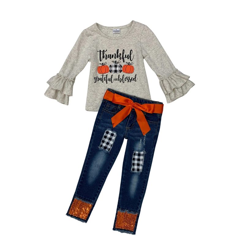 Girls Thankful, Grateful, and Blessed Sequin Patched Jeans Set - Mia Belle Girls, 3 of 8