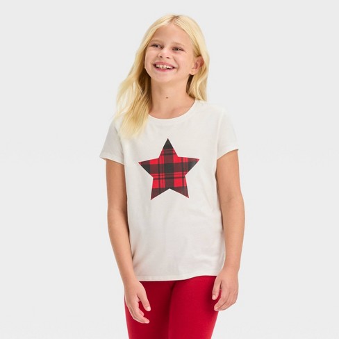 Girls' Short Sleeve 'Plaid Star' Graphic T-Shirt - Cat & Jack™ Cream XS