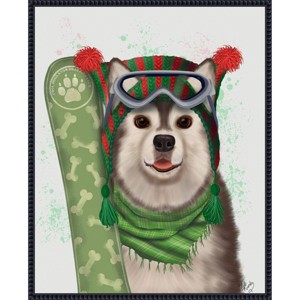 Amanti Art 23"x28" Christmas Husky Snowboard by Fab Funky Framed Canvas Wall Art Print - 1 of 4