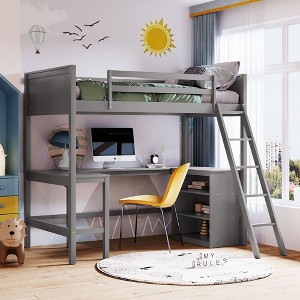 NicBex Twin Bunk Bed with Desk Wood Frame Bed Frame with Storage Cabinet, Full Length Guardrails and Inclined Ladder, No Box Spring Required - 1 of 4