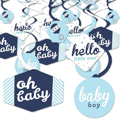 Big Dot of Happiness Hello Little One - Blue and Silver - Boy Baby Shower Hanging Decor - Party Decoration Swirls - Set of 40