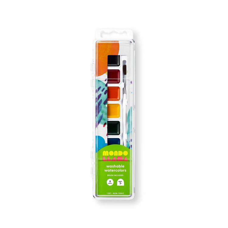 A set of eight colored washable watercolors in a clear plastic case with a brush included, labeled "Mondo Llama."