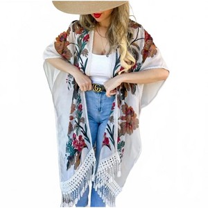 Women's Floral Print Lace Detail Tassel Bottom Duster - Amoli OS - 1 of 1