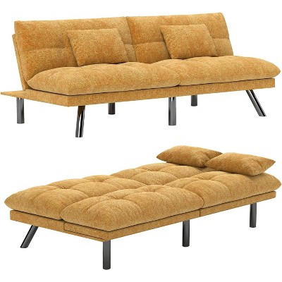 UNISOAR Sofa Bed Convertible 70 inch Solid Wood Couch for Living Room, Chenille Fabric, 2 Cushions, Gray/Orange/Black