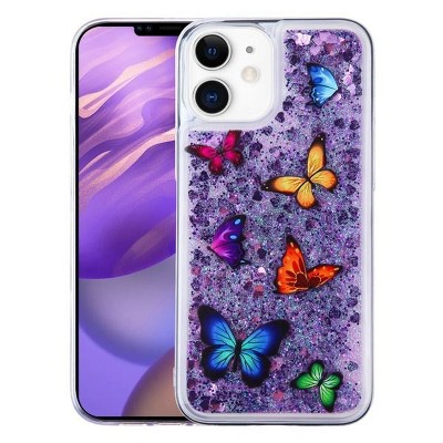 Airium Glitter Hybrid Protector Case Compatible With Apple iPhone 12 Mini (5.4") - Butterfly Dancing Purple Quicksand (Hearts)