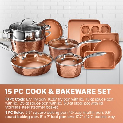 Hammered Copper 15-Piece Nonstick Aluminum Cookware and Bakeware Set