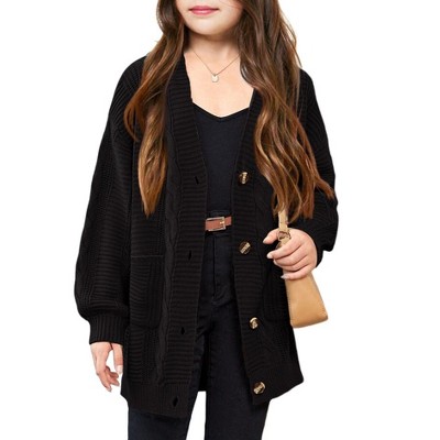 Children'S Cardigan  Sweaters Long Sleeve Cable Knit Button Down Casual Chunky Outwear Coats with Pocket