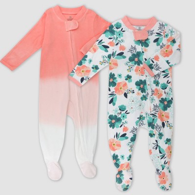Image of Honest Baby 2pk Organic Cotton Floral Footed Sleep N' Play - 3-6M