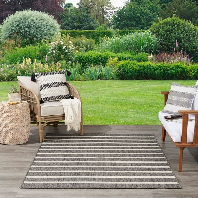 Charcoal Ivory Striped Flatweave 8' x 10' Outdoor Rug