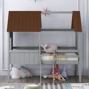 TiramisuBest Twin Size Low Loft Wood House Bed (Gray), 80L x 45W x 76H inches, 108 lbs - 1 of 4