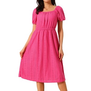 INSPIRE CHIC Women's Eyelet Square Neck Short Puff Sleeve Casual A Line Summer Midi Dress - 1 of 4