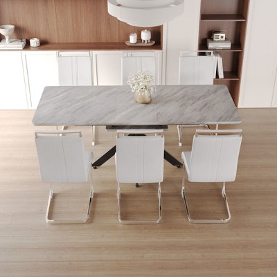 NicBex 62.4"-78.15" Dining Table Set for 6 Modern Extendable Dining Table with Metal Base with 6 Upholstered Chairs