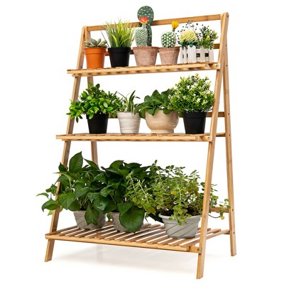 Costway Bamboo Ladder Plant Stand 3-Tier Foldable Flower Pot Display Shelf Rack Natural
