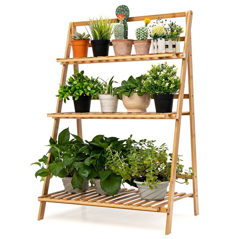 Costway Bamboo Ladder Plant Stand 3-Tier Foldable Flower Pot Display Shelf Rack Natural, 1 of 10