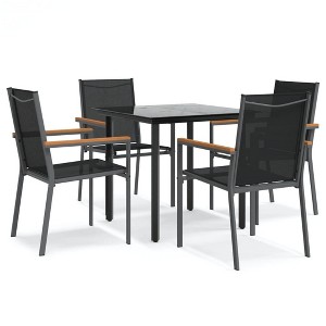 vidaXL 5 Piece Black Dining Set with Steel Frame and Textilene Fabric, Outdoor Seating with Comfortable Chairs and Tempered Glass Tabletop - 1 of 4