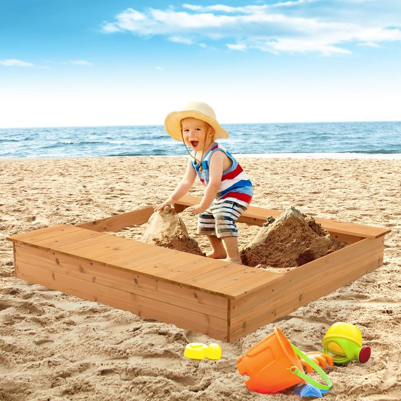 Costway Kids Wooden Sandbox w/ Bench Seats & Storage Boxes  Children Outdoor Playset, 2 of 11