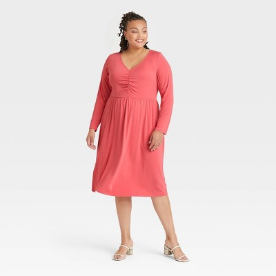 Women's Plus Size Long Sleeve Ruched Bodice Dress - Ava & Viv™