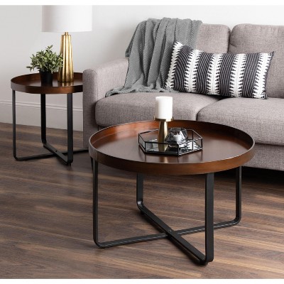Bronze and Black Round Metal Coffee Table with Criss-Cross Base