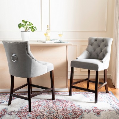 Gray Velvet Tufted Wing Back Counter Stools with Wood Frame, Set of 2