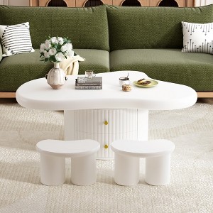 38”/43"W Cloud Coffee Table Cocktail Table Center Table Accent Table with 2 Drawers and 2 Stools/1 Dreawer  and Open Shelf, Irregular,White-ModernLuxe - 1 of 4