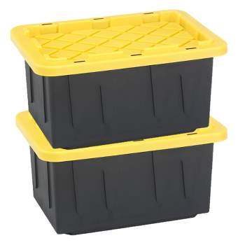 Homz 15-Gallon Durabilt Plastic Stackable Storage Organizer Container w/Snap Lid and Hasps for Tie-Down Straps or Locks, Black/Yellow (2 Pack)