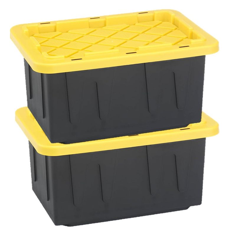 Homz 15-Gallon Durabilt Plastic Stackable Storage Organizer Container w/Snap Lid and Hasps for Tie-Down Straps or Locks, Black/Yellow (2 Pack), 1 of 8