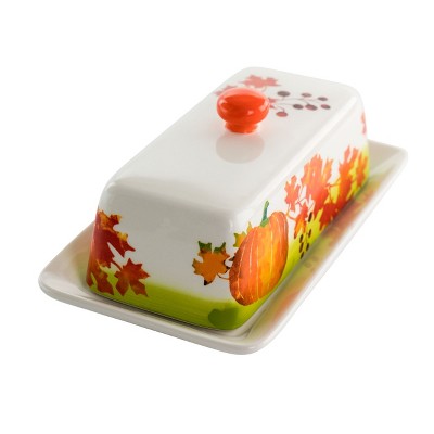 Gibson Home Harvest Leaves 7.7 Inch Durastone Butter Dish with Lid