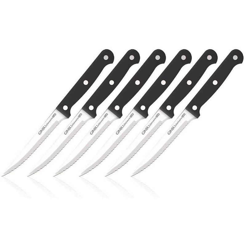 Ginsu Kiso Dishwasher Safe 6pc Steak Knife Set Black: Serrated Stainless Steel Blades, Comfort-Grip Handles, 4.5" Blade