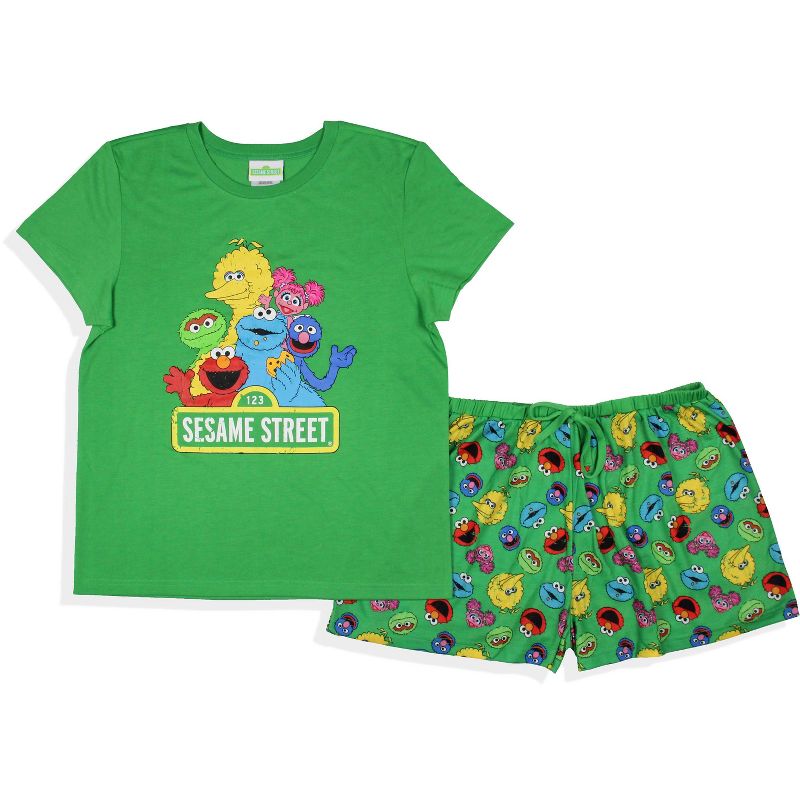 Sesame Street Women's Distressed Print Elmo Cookie Monster Pajama Set Shorts Green, 1 of 6