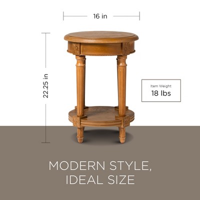 Antiqued Natural Round Wooden Side Table with Carved Details