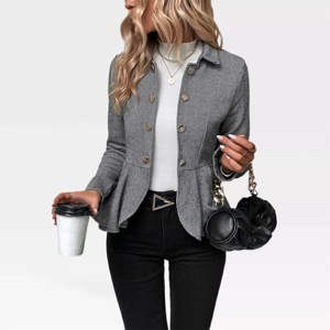 Womens Blazer Herringbone Collarless Notched Peplum Waist Suit Jakcets Tiny Stripes Faux Double Breasted Open Front Draped Blazer for Office - 1 of 4