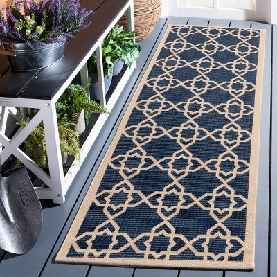 Navy and Beige Geometric Indoor/Outdoor Runner Rug