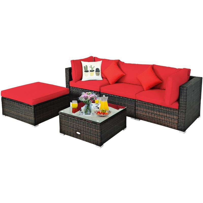 Tangkula Outdoor Rattan Sectional Loveseat Couch Conversation Sofa Set with Storage Box &Coffee Table Red/Navy/Turquoise, 5 of 7
