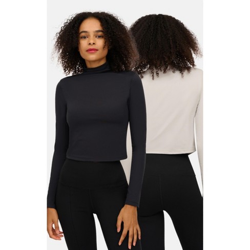 Yogalicious Womens 2 Pack Zenly Evelyn Long Sleeve Mock Neck Crop Top -  Micro Chip/black - X Small : Target