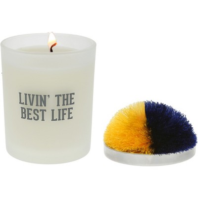 Pavilion Gift Company - Best Life - Blue & Yellow - 5.5 oz - 100% Soy Wax Candle with Pom Pom Lid Scent: Tranquility - Flame Candles