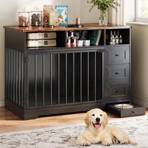 48'' Dog Crate Furniture, Heavy Duty Wooden Dog Kennel with Bowl & Storage Drawers, Indoor End Table for Small Medium Dogs - 1 of 4