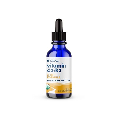 NativePath Vitamin D3+K2 - 2000IU with Organic MCT Oil, 1 Fl Oz, 30 Servings