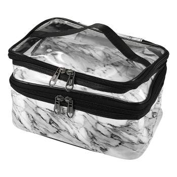 Unique Bargains Double Layer Makeup Bag Cosmetic Travel Bag Case Make Up Organizer Bag for Women Marble Pattern 1 Pcs