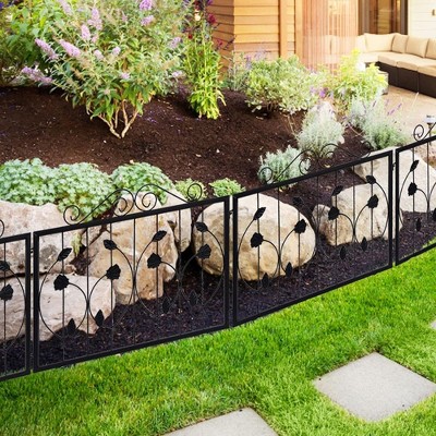 Black Metal Decorative Garden Fence Panels, 23.6'' x 7.9' - 4 Pack