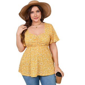 Womens Plus Size Sweetheart Neck Short Sleeves Tunic Tops Pleated Peplum Babydoll Casual T shirts Floral Summer Blouse - 1 of 4