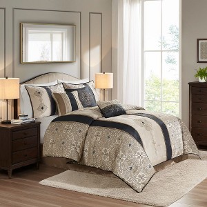 Sapphtopaz 7 Piece Comforter Set Jacquard Bedding Sets Plant Pattern Striped Prints with Embroidery Quilt Set with Throw Pillows - 1 of 4