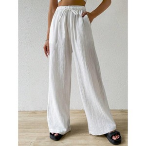 Womens Pants Relaxed Fit Wide Leg Casual Pants Elastic Drawstring Waist Long Pants - 1 of 4