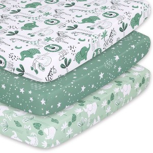 The Peanutshell Mini Crib Sheet Set - 3 Pack - Multiuse for Pack & Play, Playard, Playpen, Mini Crib - Green Safari Animals - 1 of 4