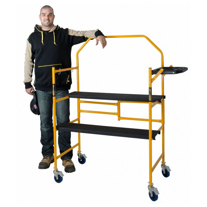 MetalTech Jobsite Series 4 Foot Tall Heavy Duty Portable Adjustable Mobile Scaffolding Platform and Ladder with Locking Wheels, Yellow, 6 of 8