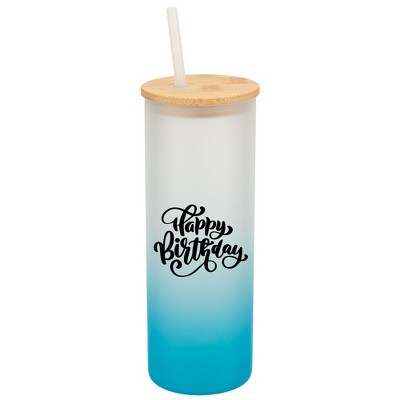 Elanze Designs Happy Birthday Cake with Bows Wrap-Around Design 25 Ounce Frosted Gradient Glass On-The-Go Coffee Travel Skinny Tumbler Mug Cup, Bamboo