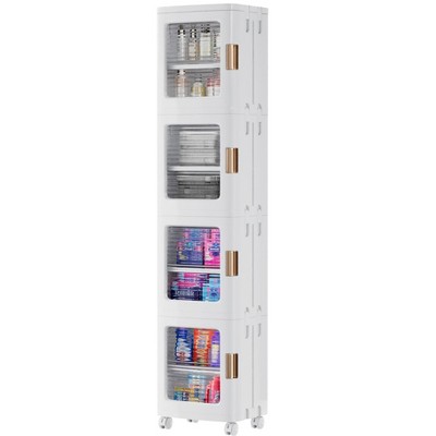 VECELO 4-Tier Slim Storage Cabinet with Wheels, Adjustable Shelves, Anti-Tip Design, for Bathroom, Kitchen, Laundry, Small Spaces, White