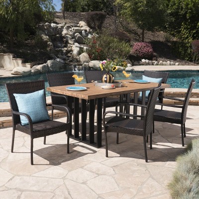 Lima 7pc Wicker & Concrete Dining Set - Natural Oak/Brown - Christopher Knight Home